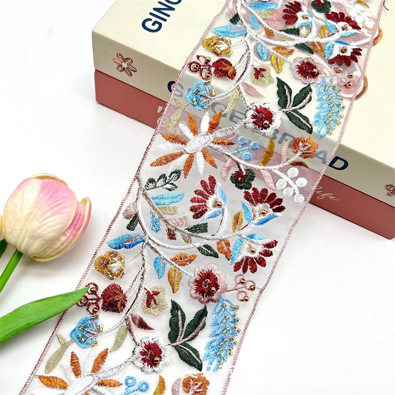 

10 yards Ethnic Embroidered Lace Trim Beaded Mesh Ribbon for Hanfu Cheongsam Decoration,Floral Embroidery Sew-On Craft Tape