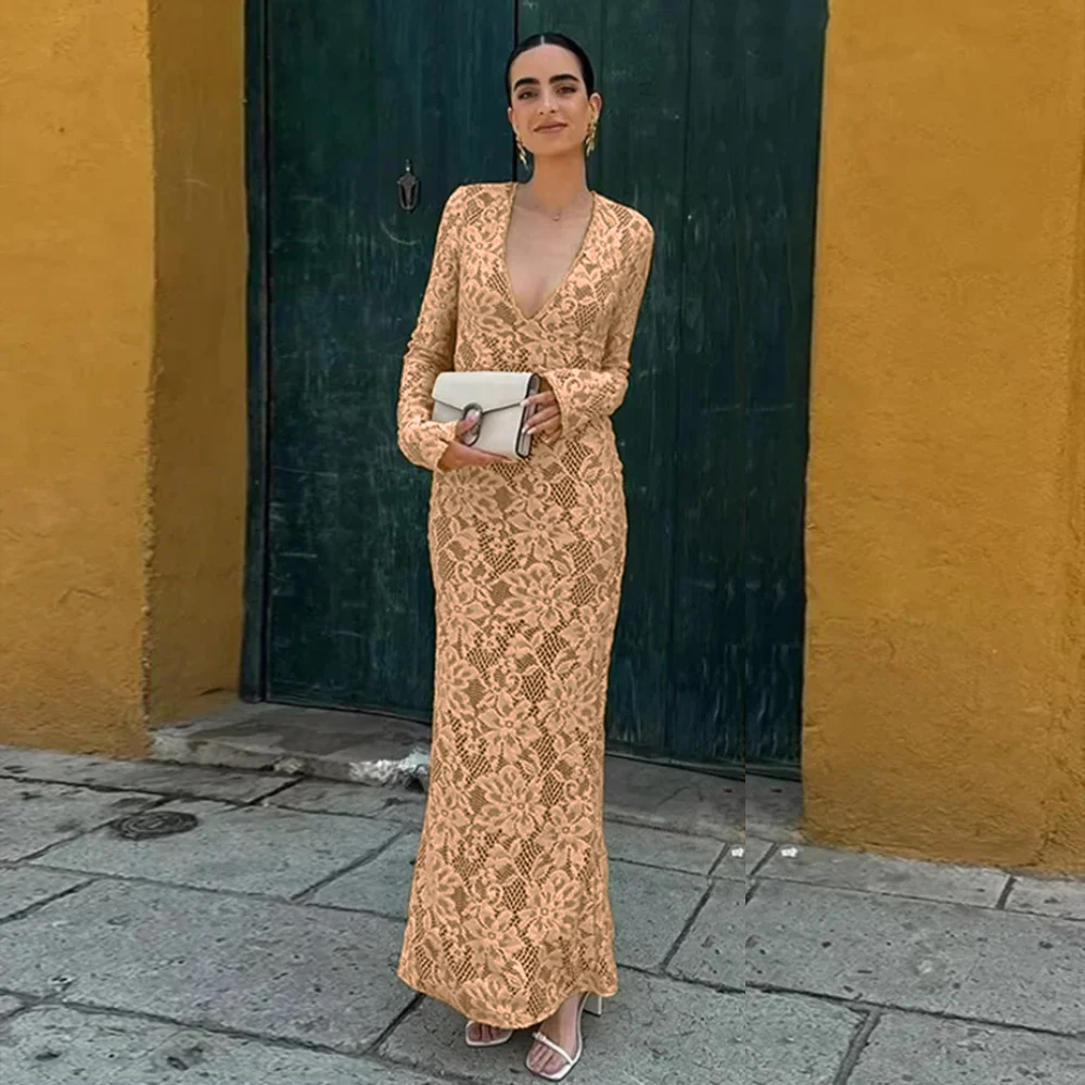 

Winter Long Sleeve Evening Party Dresses Sexy Fashin and Chic Lace Elegant Lace Dress Yellow V Neck Maxi Prom Dress