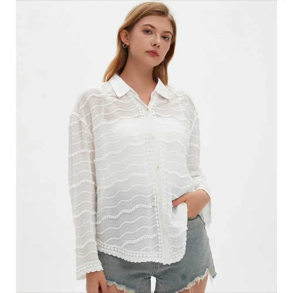 

Dimanaf 2025 Spring Women Shirt Lace Blouse Long Sleeve Stripe Buttons Tops Tees Loose White Tees New