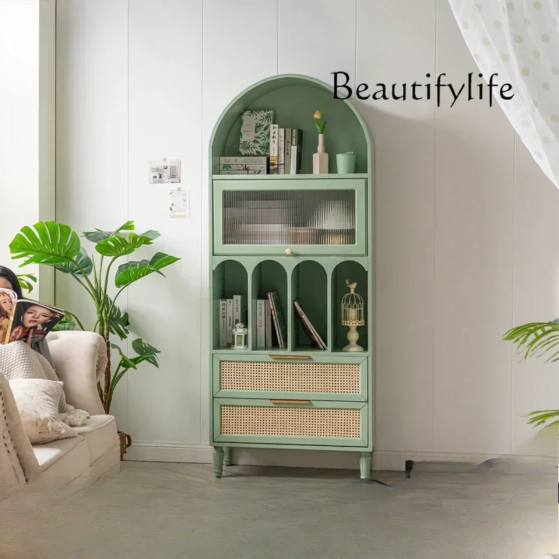 Arched bookcase rattan bookshelf floor-to-ceiling dining edge green locker Japanese study file cabinet