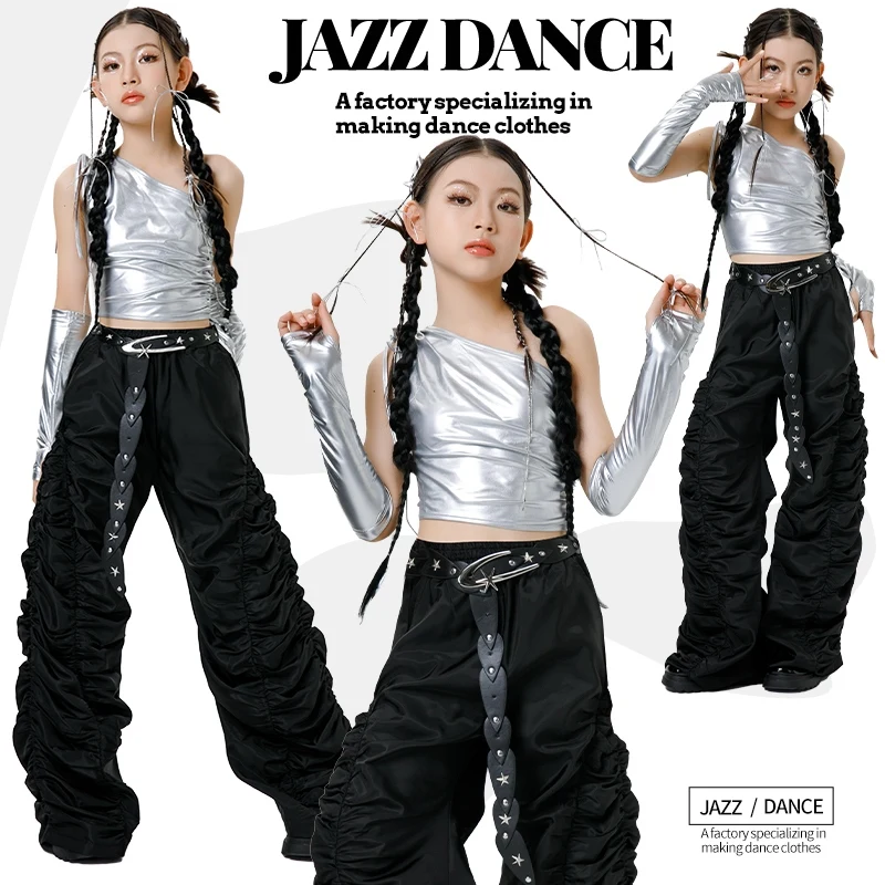 2025 Kinderen Hip Hop Dansvoorstelling Kostuums Voor Meisjes Zilver Tops Zwarte Broek Streetwear Jazzdans Podium Outfits DQS 20781
