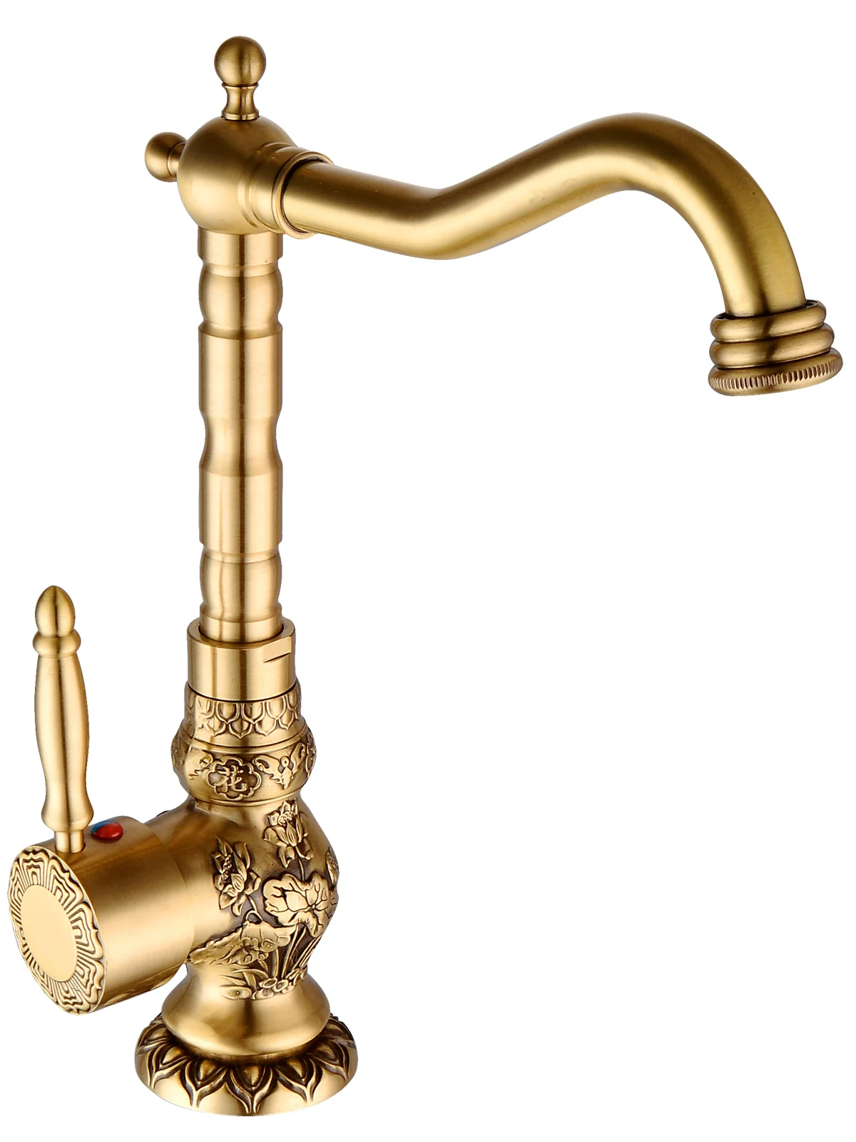 

Antique Carved Basin, Single Handle, Single Hole, Raised Brass Rotating Hot and Cold Faucet