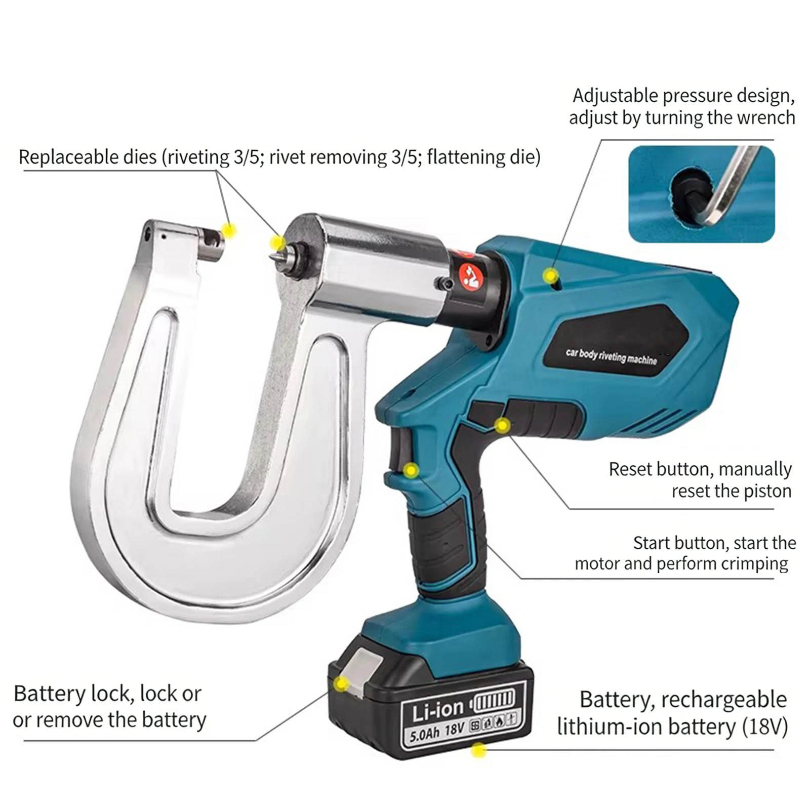 Aluminum Body Riveting Machine Rivet Gun 150 MM Depth Pressure Adjustable