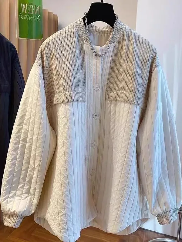 

Extra Large 300 Pounds Knitted Patchwork Striped Cotton Jacket round Neck Casual Loose Fit Autumn Winter Unisex Outerwear