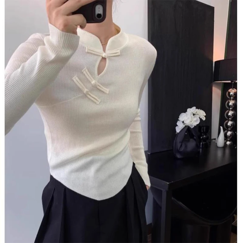 Autumn Winter Chinese Style Flog Slim Sweater Female Literary Vintage Bottoming Jumpers Ladies Solid Color Knitting Top Women