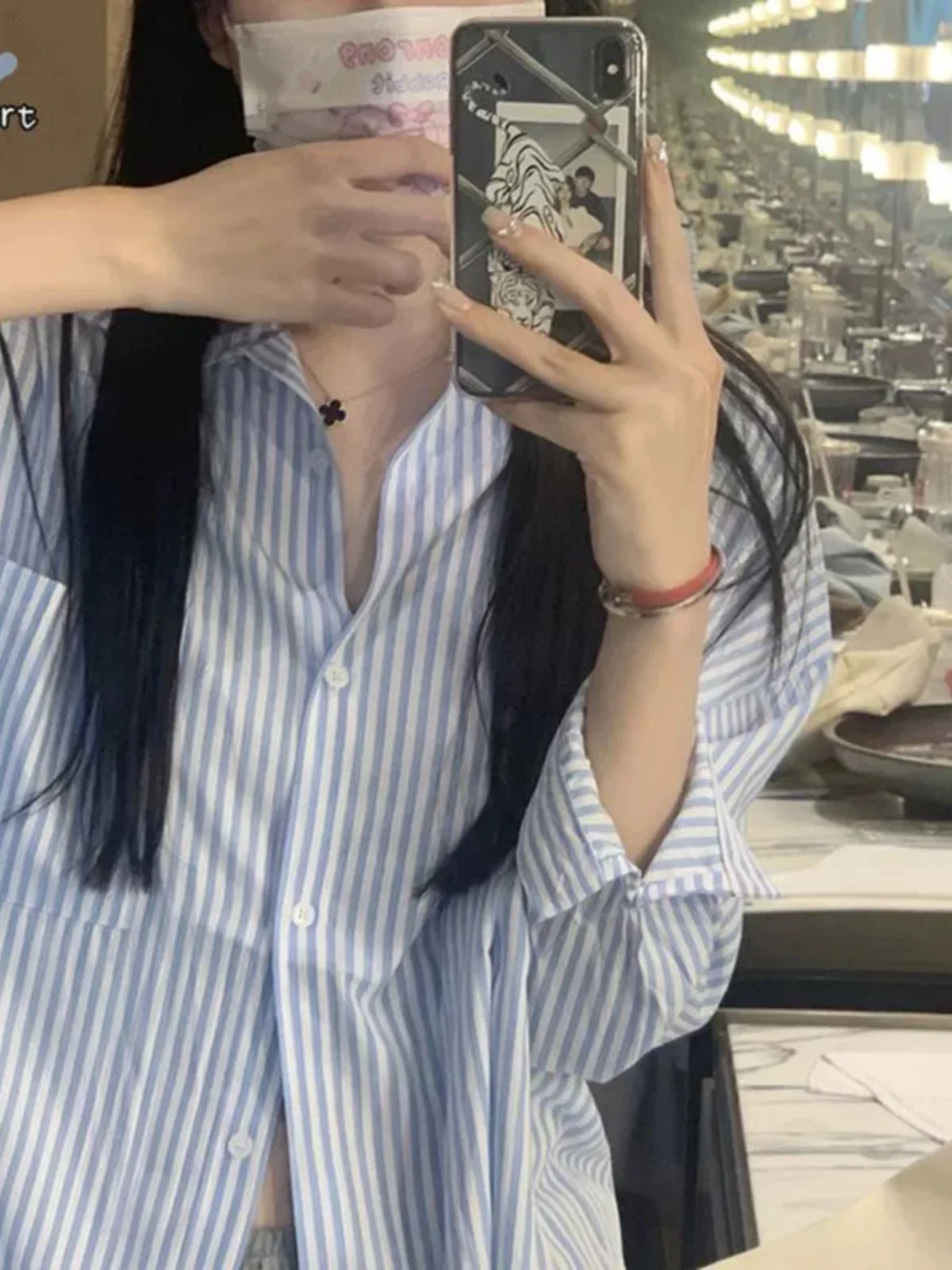 سترة قميص فضفاضة بأكمام طويلة مخططة باللون الأزرق للنساء، تصميم جديد لربيع وخريف، ملابس خارجية كارديجان قصيرة #2