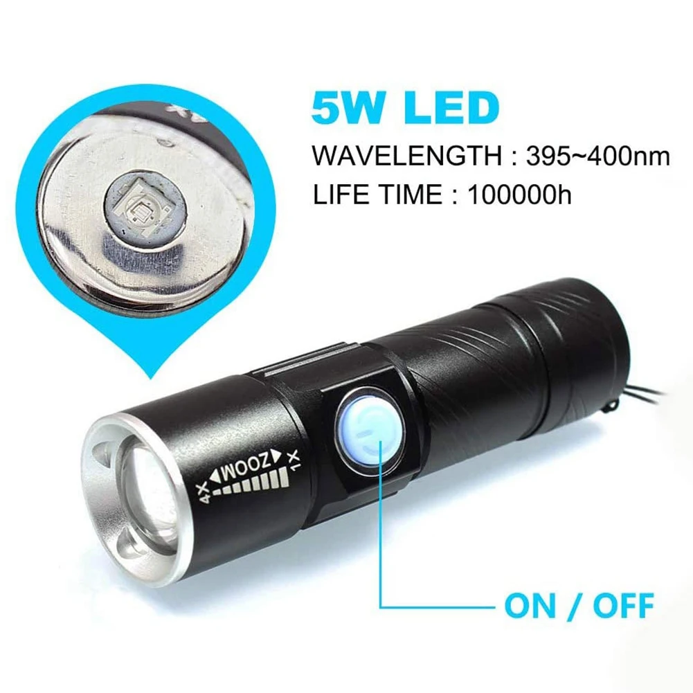 395Nm UV Light Flashlight Blacklight USB Rechargeable LED Flashlight Waterproof Inspection Pet Urine Torch Lamp