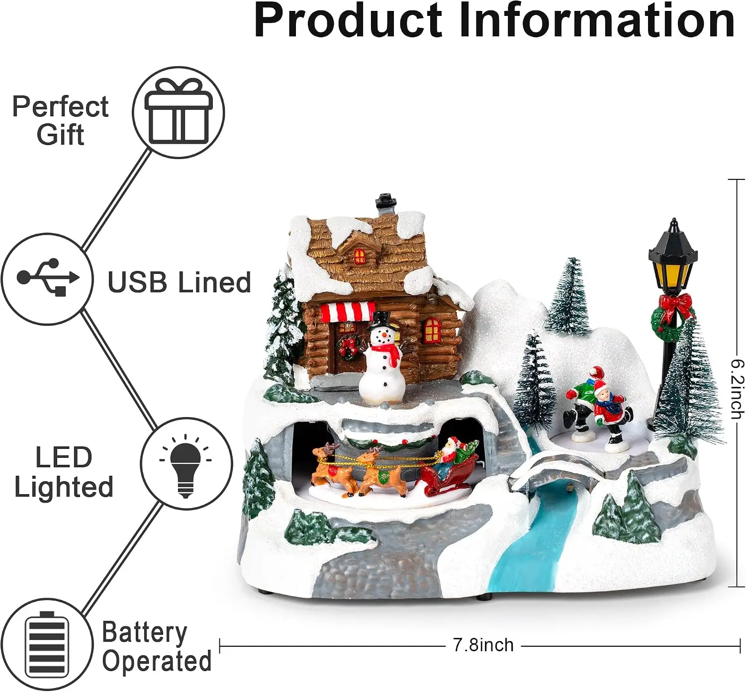 Musical Light Up Christmas Village Snow Cabin, Rotating Santa Sleigh & Skating Kids, Glowing Snowman, 8 Songs, USB/Battery Operated Animated Xmas Tabletop Decor Gift