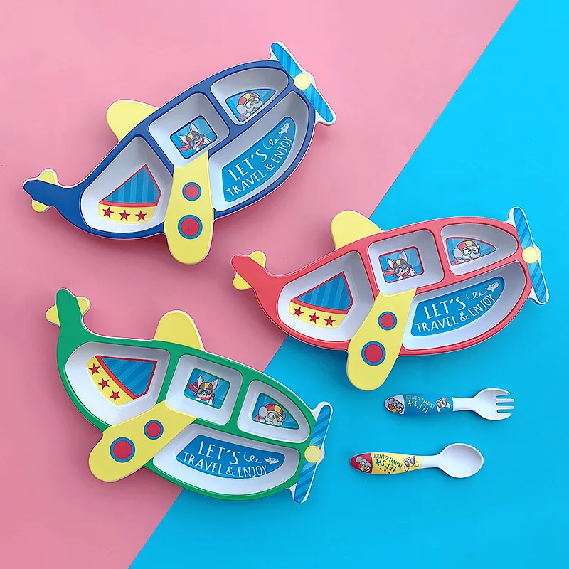 

3pcs/Set Bamboo Fiber Children's Cutlery Set Airplane Style Baby Cartoon Divided Dinner Plate Food Supplement Spoon Fork