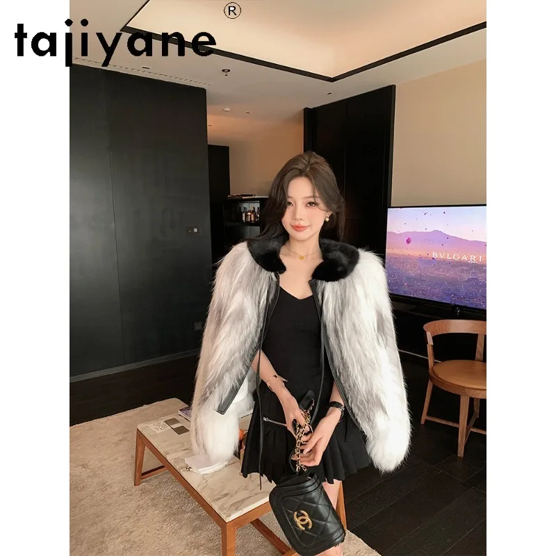 TAJIYANE Imported Cross Fox Fur Coat Woman Short Furry Tops Mink Fur Collar Real Fur Jacket Winter Coats Women Jackets Дубленка