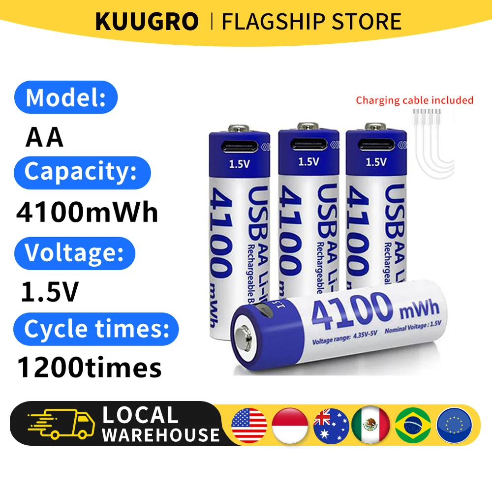 Kuugro AA 1.5V 4100mWh USB Rechargeable Battery Type-C Rechargeable AA Li-ion Battery for Remote Control Smart Door Lock Toys