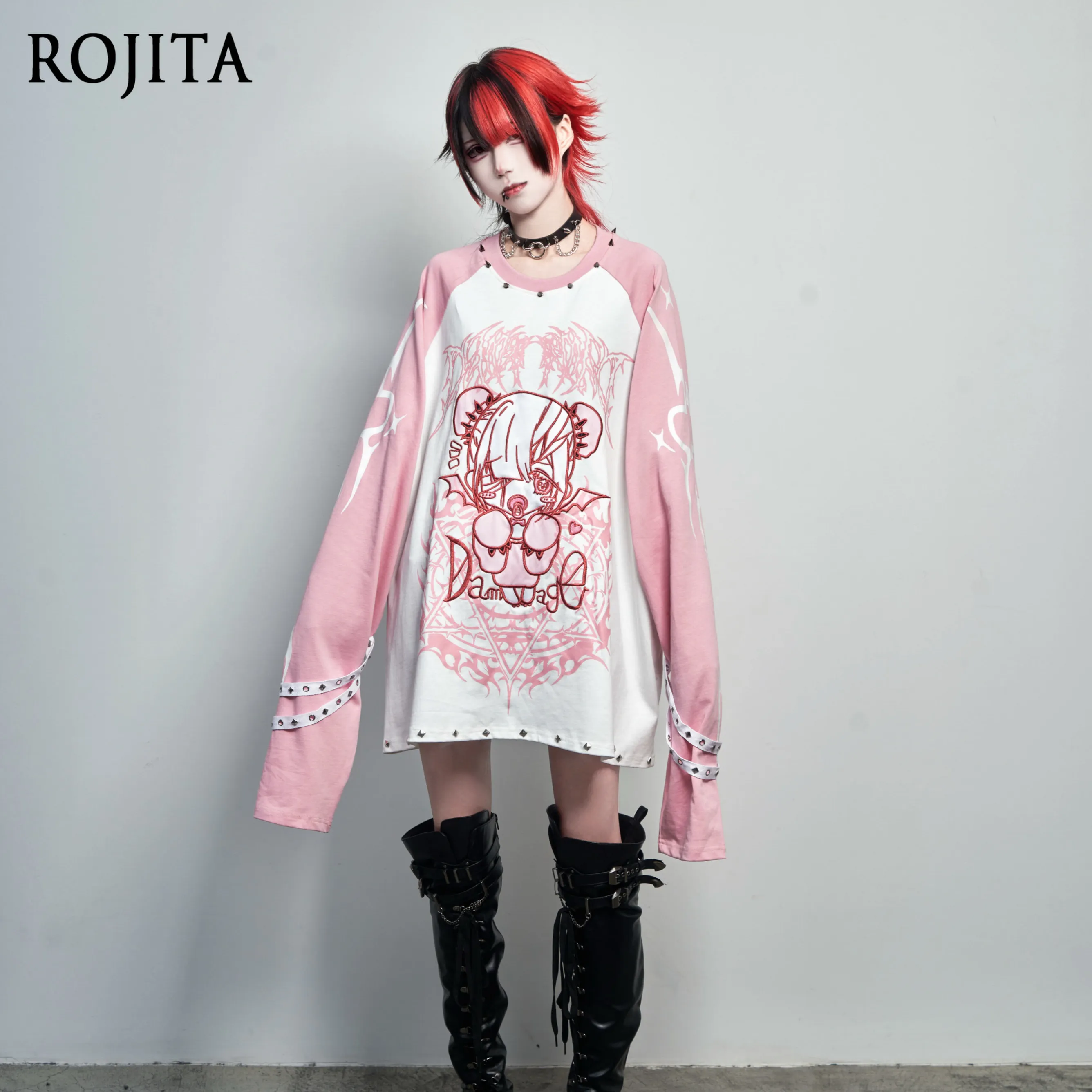 2K Gothic Cartoon Print Long Sleeve Shirt Oversized Loose Fit Streetwear T Shirt with Decor Straps