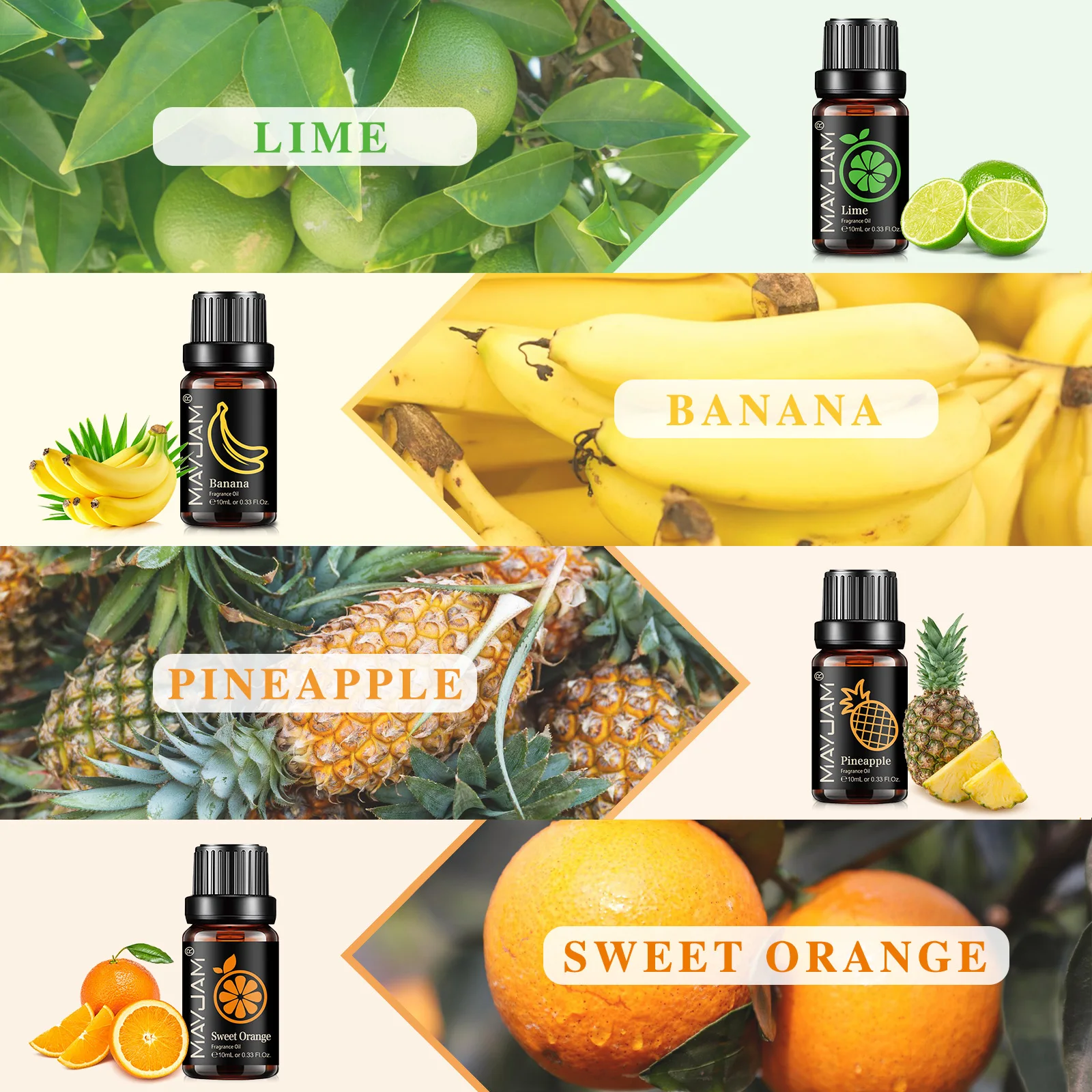 MAYJAM 8pcs/set Fruit Fragrance Oils Strawberry Mango Banana Sweet Orange Papaya Lime Pineapple Passion Fruit Aroma Oil 3
