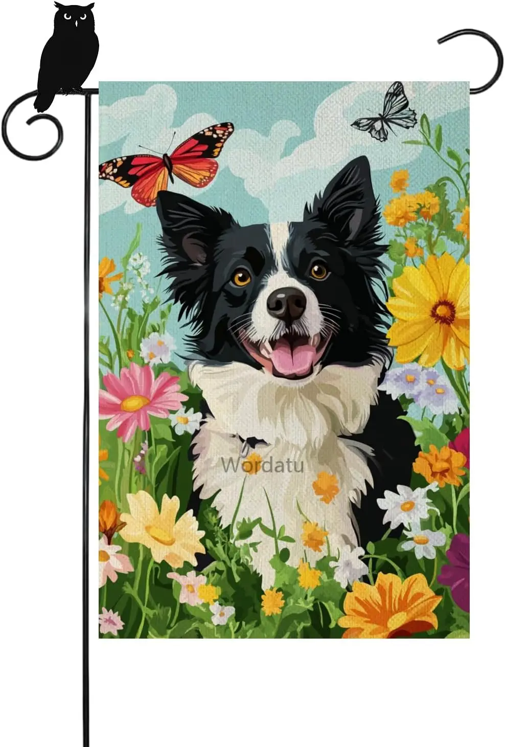 Funny Border Collie Welcome Spring Daisy Flowers and butterflies Garden Flag 12x18 Inch Double Sided Burlap Outside, Seasona UUX