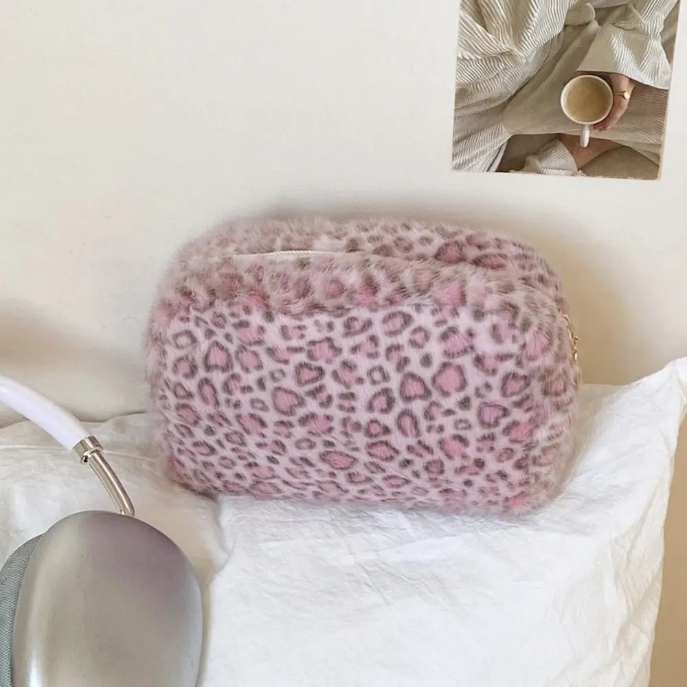 High Quality Fuzzy Makeup Bag Large Capacity Portable Cosmetic Bag Leopard Print Toiletry Organizer Women