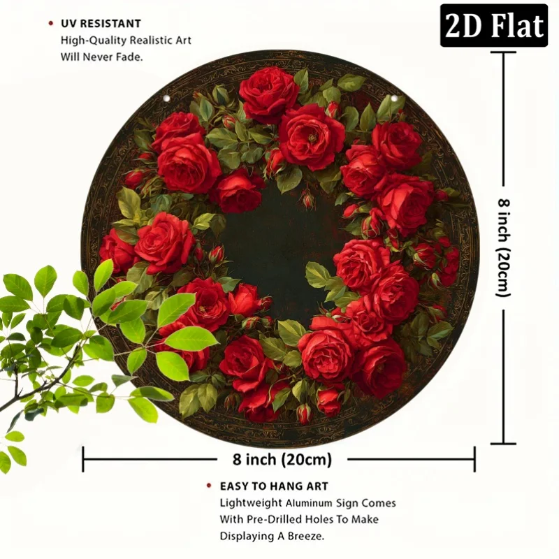 Vintage Red Rose Metal Wall Sign 8x8 Inch, Rustic Garden Porch Decor for Home