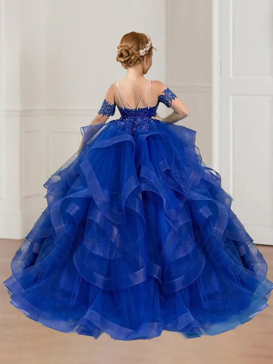 Luxurious Royal pleated mesh flower girl dress, multi-layer sheer puffy dress, girls' floor length dress, ball birthday party