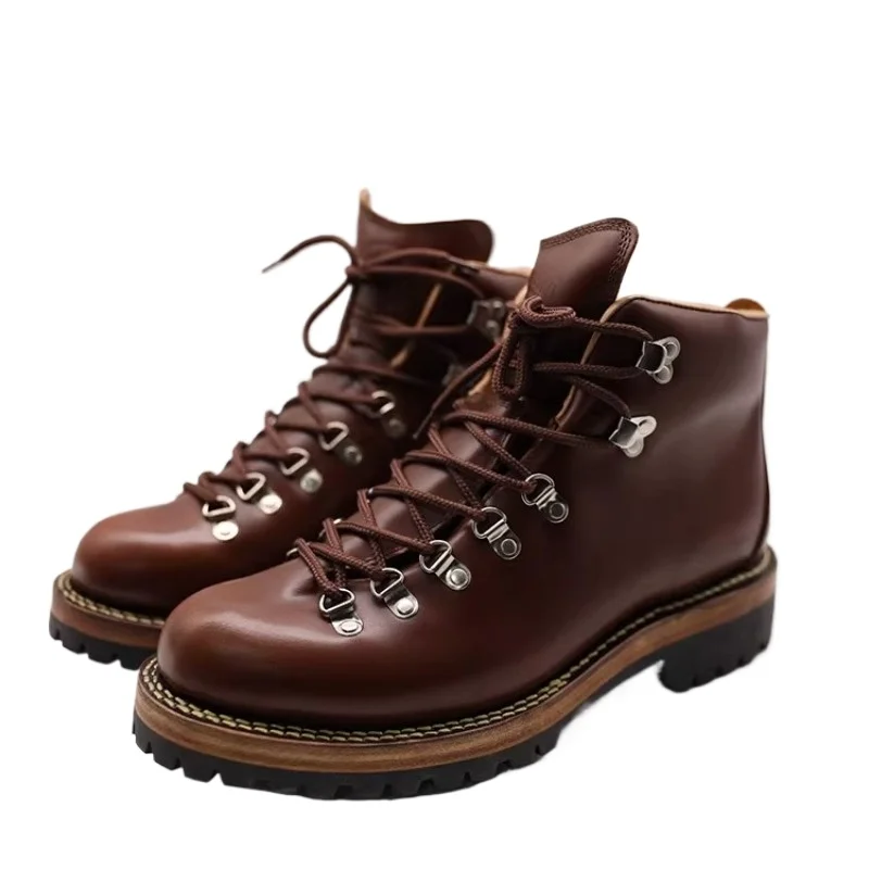 

Handmade Lace-up Casual Work Motorcycle Boots Men High Top Shoes Genuine Leather Outdoor Hiking American Style Vintage Boots