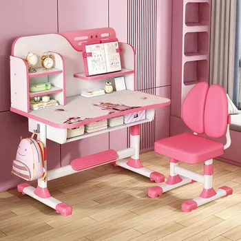 Höhenverstellbarer Kinderschreibtisch und Stuhl, Lerntischstuhl, ergonomischer Schreibtischstuhl mit Schreibtafel, Bücherregal und Schublade, Rosa