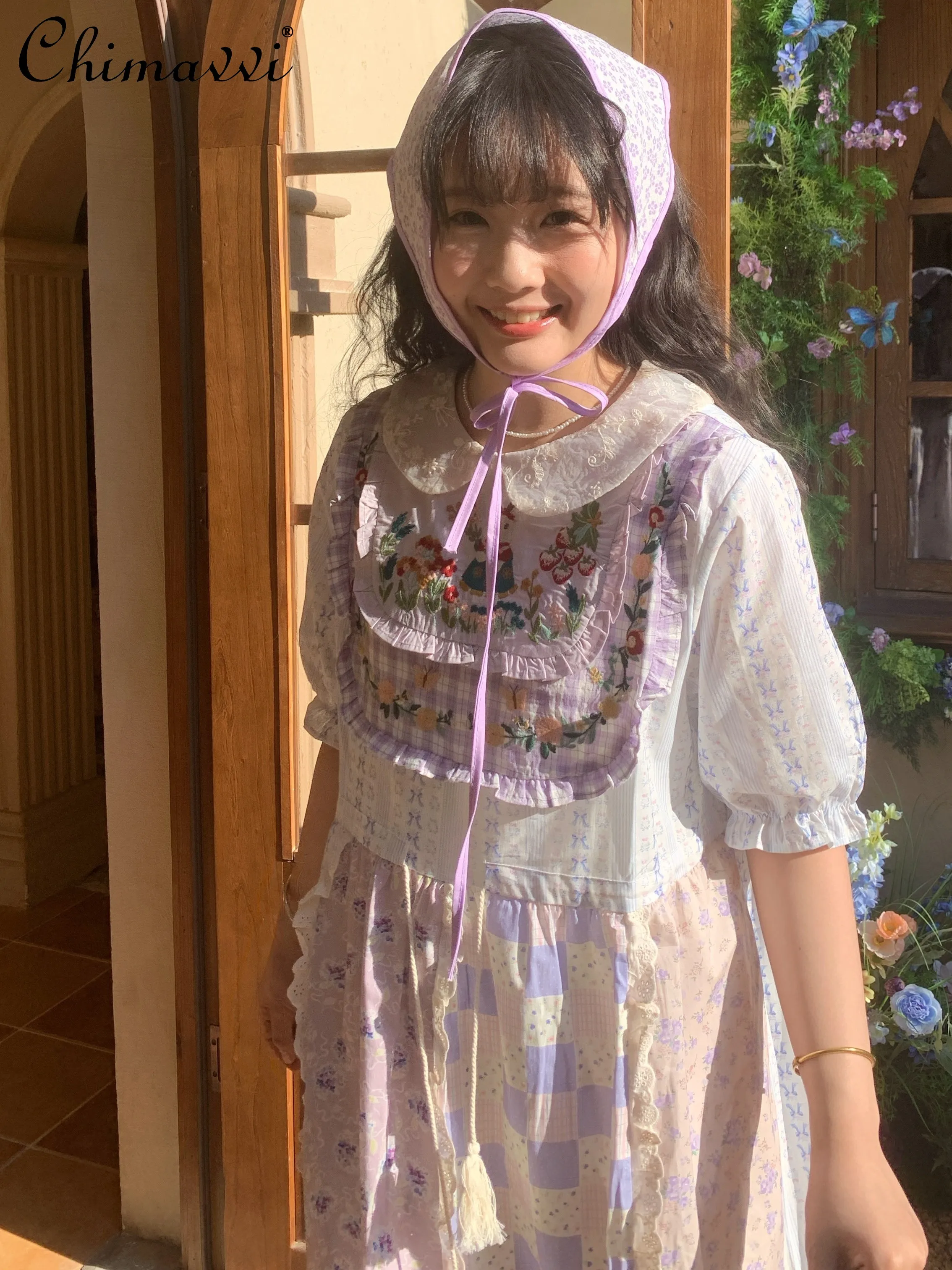 

Lilac Floral Patchwork Lace Lapel Retro Short-sleeved Dress 2025 Summer Clothes New Sweet Loose Elegant Long Dresses Women