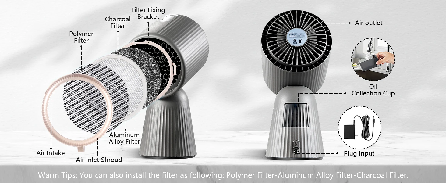 Topstrong Tragbarer Dunstabzugshaube mit 3 Geschwindigkeiten, leiser 55-dB-Küchenabluftventilator für Grill/Hot Pot, abnehmbare Filter, EU-Stecker (grau) – Detail 2