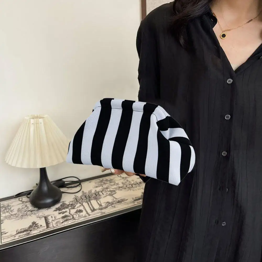 

Outdoor Simple Woven Crochet Purses For Women Versatile Striped Knitting Dumpling Clutch Ruched Cute Cloud Casual Colorblock Bag