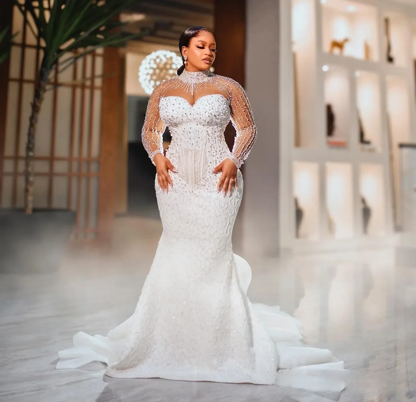 فستان زفاف عربي مخصص مقاس كبير عاجي فاخر لؤلؤ كريستال مطرز بالترتر فساتين زفاف