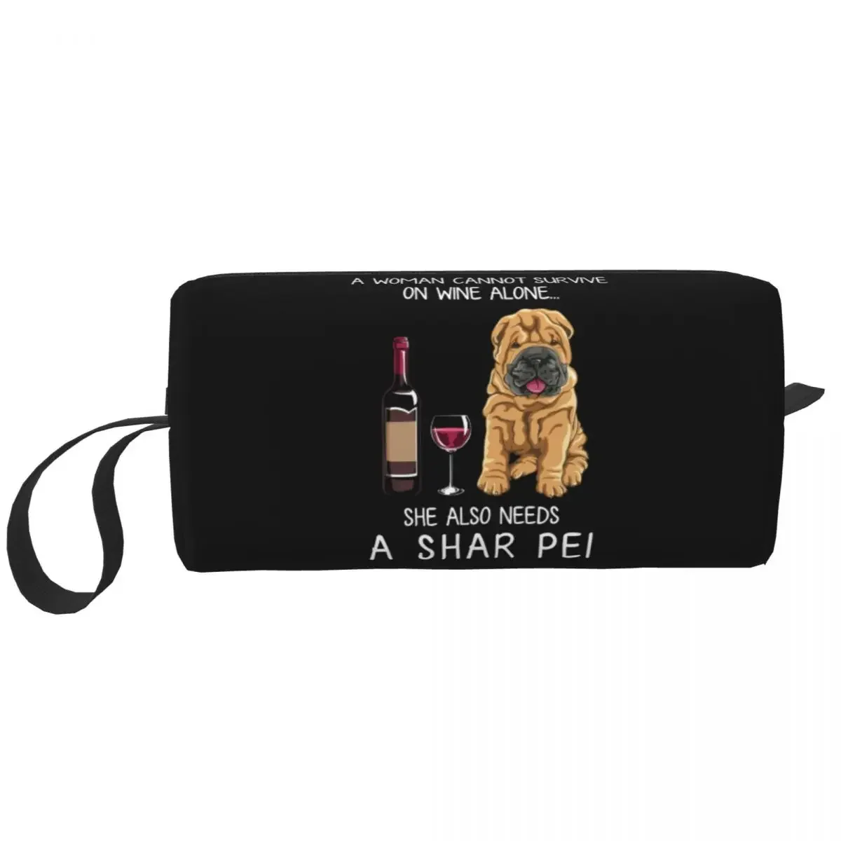 Shar Pei And Wine Funny Dog Toiletry Bag for Women Pet Puppy Lover Makeup Cosmetic Organizer Lady Beauty Storage Dopp Kit Box