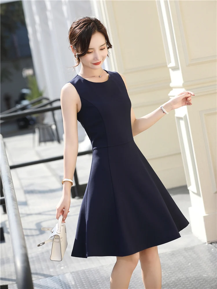 Women's Elegant Black Sleeveless Dress O-Neck Slim OL Work Office Business Navy Blue Tank top Big Swing Dresses Summer 2024