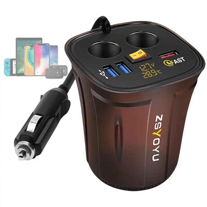 

Car Charger Adapter Portable Heavy Duty Fast Charging Car Charger Stable Cup Holder Car Inverter Multifunctional USB Car Charger