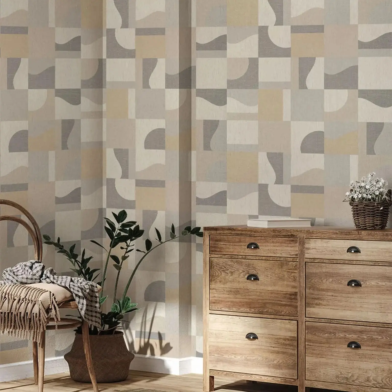 Neutral Abstract Geometric Wallpaper Peel and Stick, Soft Colors Geometric Wall Mural, Minimal Self Adhesive Or Tradition Papers