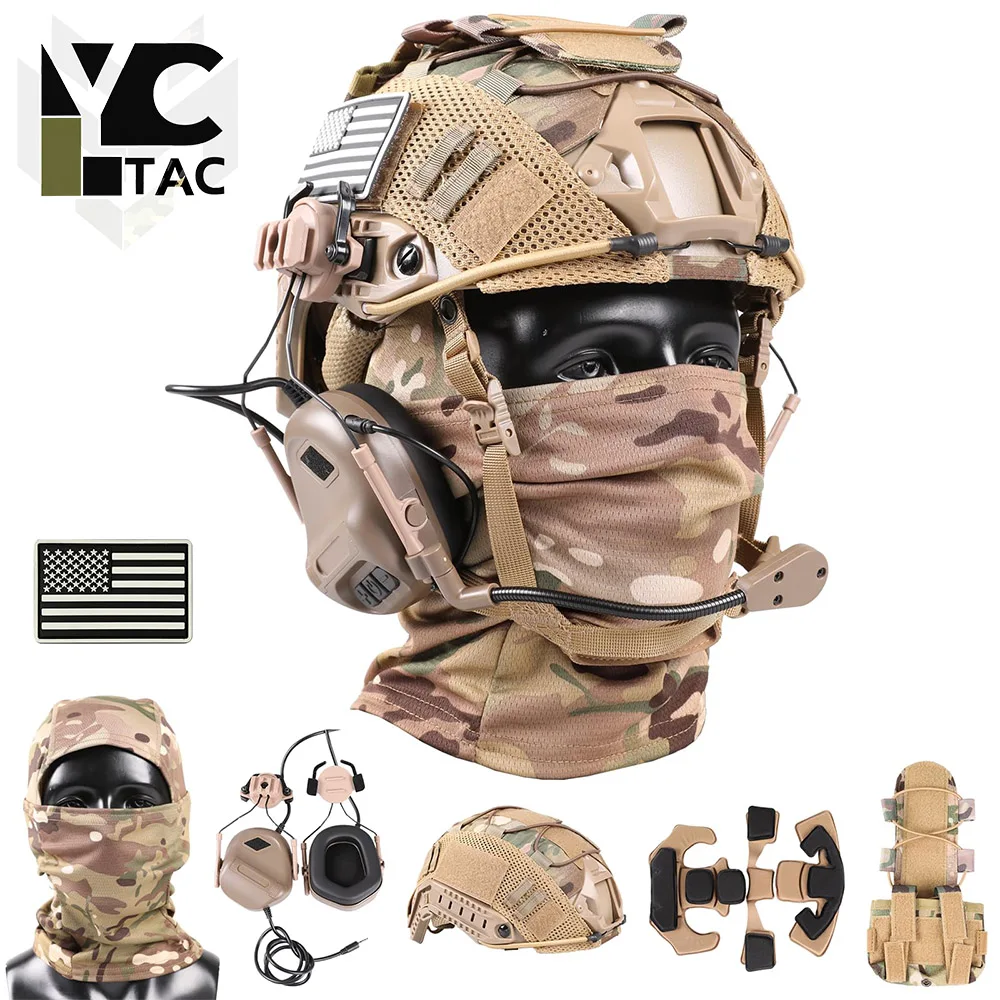 YCTAC Tactical Helmet Set Airsoft FAST Combat Helmet Kit with Face Mask Communication Headset Battery Pouch for CS Game Cosplay