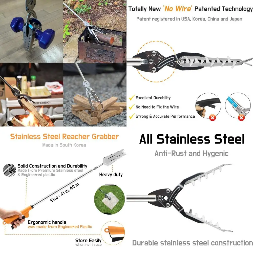 

41 Heavy-Duty Stainless Steel Grabber, Premium Reacher Tool for Trash, Logs, BBQ, Fireplace Use