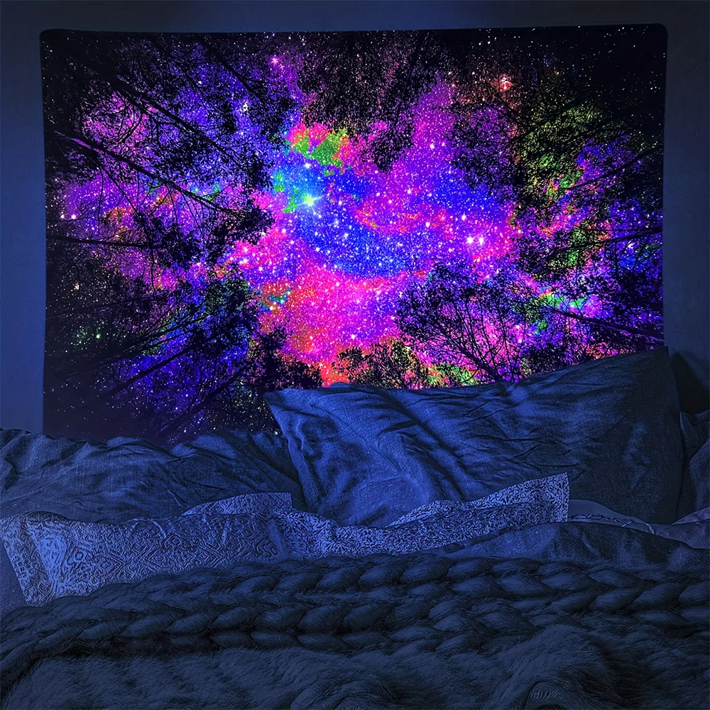 1pc  Blacklight Forest Galaxy Tapestry, UV Reactive Neon Starry Sky Wall Hanging for Bedroom Living Room Dorm Decor