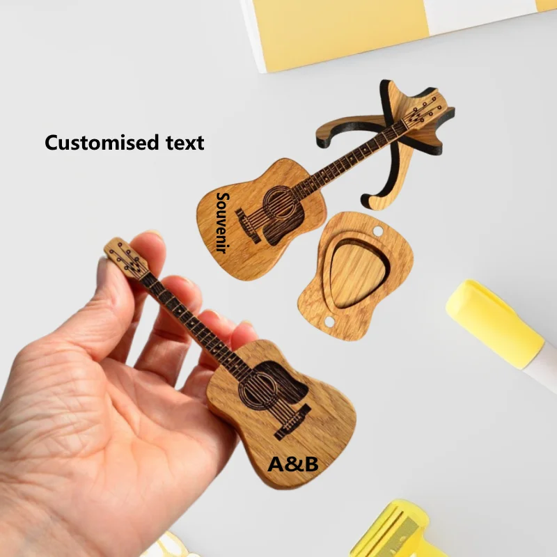 Personalised wooden guitar ornament, laser-engraved text retro guitar pick holder, vintage guitar pick box mini guitar ornament