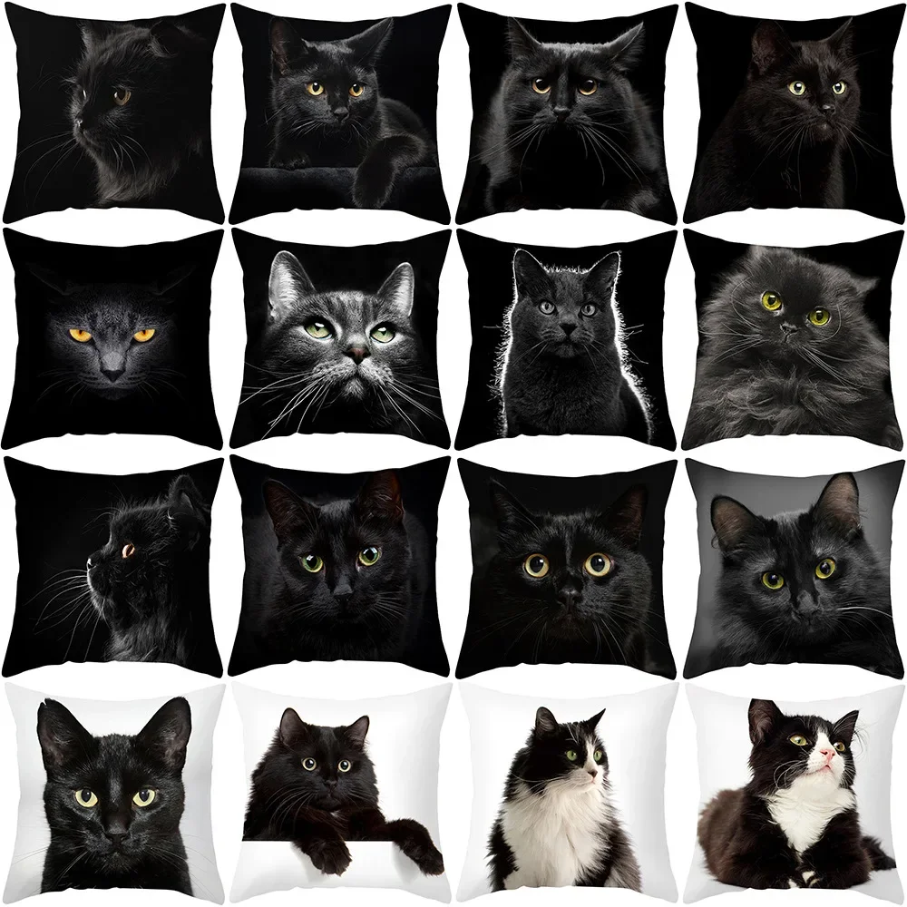 45X45CM Black Cat Pillowcases Polyester Home Cute Kitty Animal Lover Cushion Cover Funny  Decoration Pillow