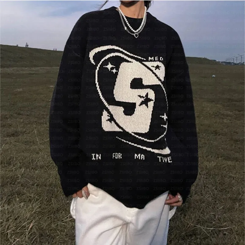 Men\'s Vintage Knitwear Y2K Stars Graphic Sweaters Winter Harajuku Oversized Pullover Sweater Unisex Aesthetic Clothes Teens Top