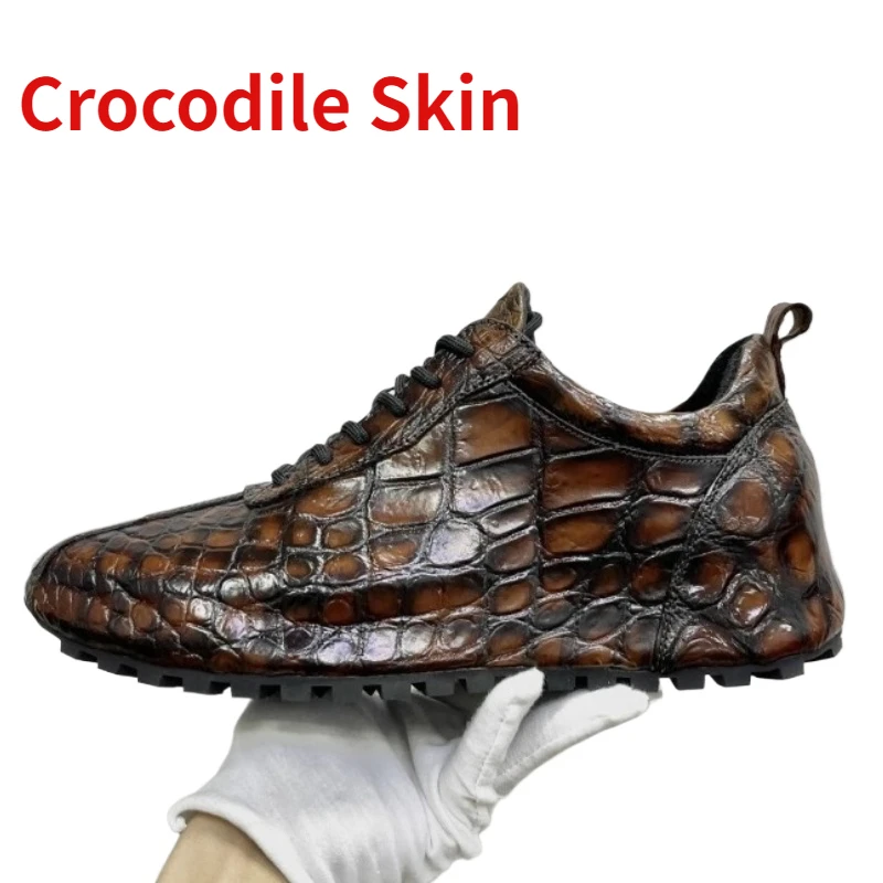 Crocodile Skin High-end Dad\'s Shoes for Men\'s Comfortable Breathable Thick Bottom Genuine Leather Hand Sewn Casual Sports Shoes