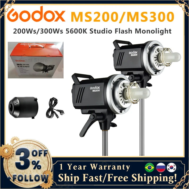 Godox MS200 MS300 2.4G Built-in Wireless Receiver Lightweight Compact and Durable Bowens Mount Studio Flash