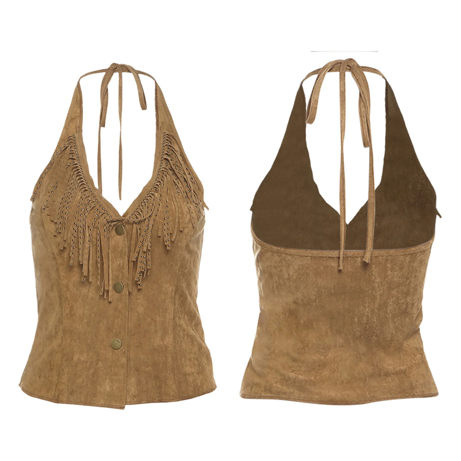 

Women Lace-up Tassel Cowgirl Tank Tops Cami Blouse Halter V Neck Fringe Single-breasted Cropped Vest for Club Music Festivals