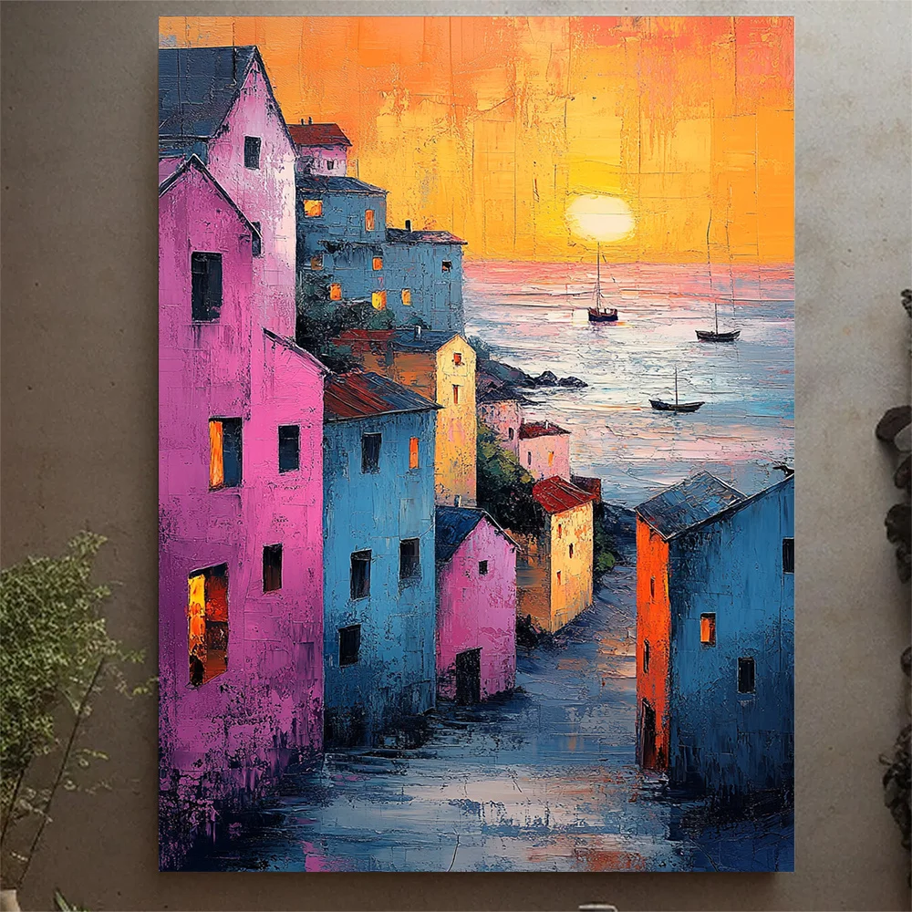 (No frame)1pc 12x16 Inch Framed Canvas Wall Art - Coastal Traditional Buildings at Dusk Modern Abstract Painting, Vibrant Sun