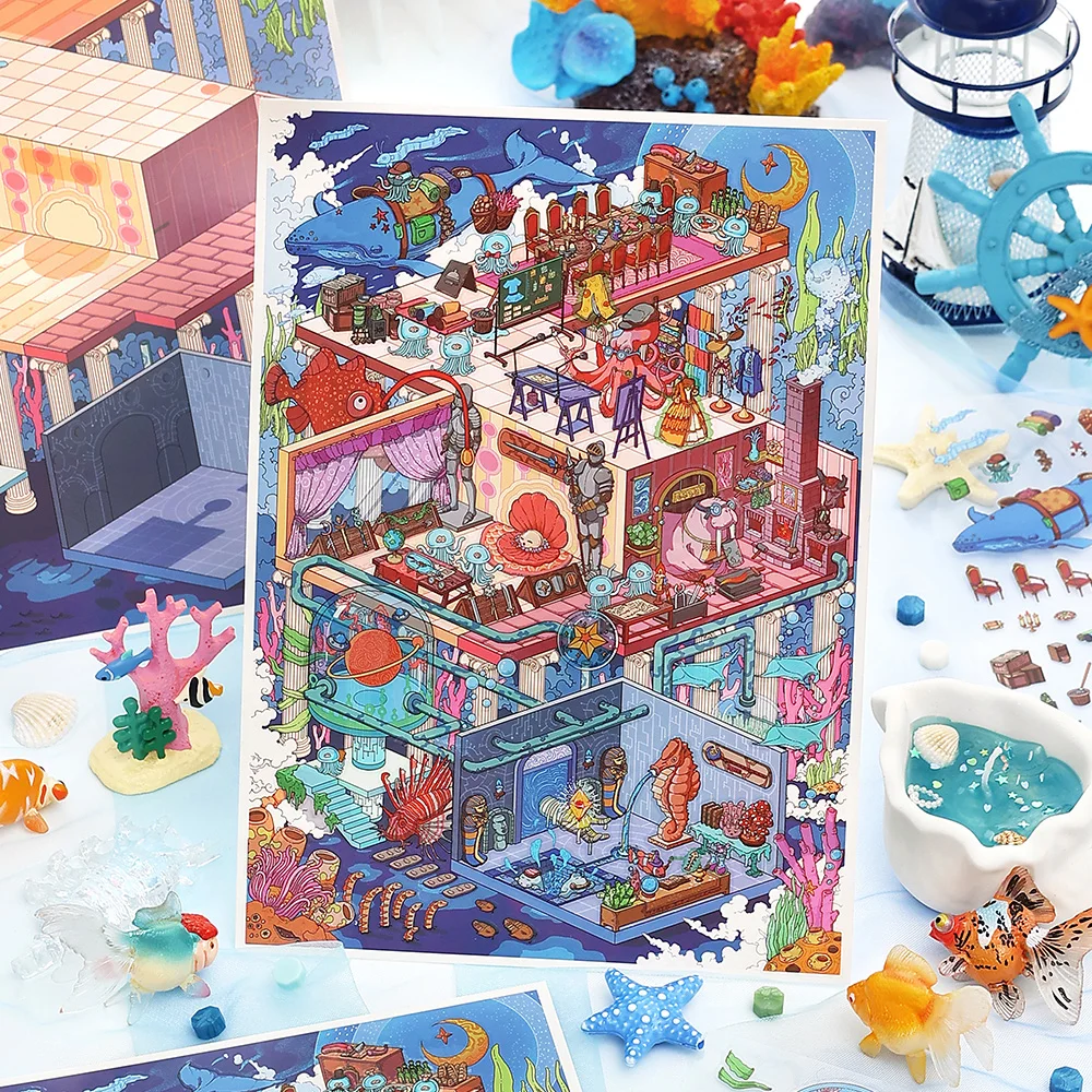 4 Pcs Deep Sea Pavilion 2.5D Diorama Stickers Extra Large Ocean Theme Decals for Journal Scrapbooking, Marine Culture Art Series