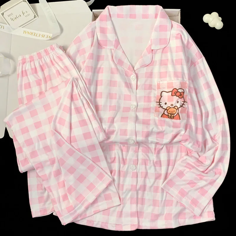 Sanrio autumn hello kitty cute sweet long-sleeved pajamas women's cartoon checked milk silk lapel cardigan loungewear set