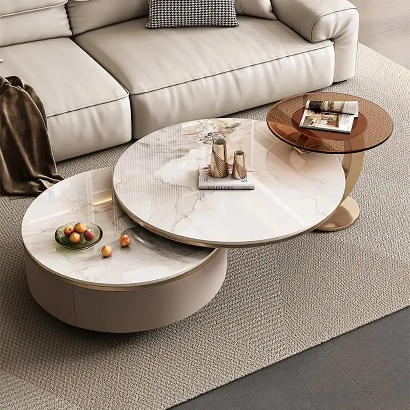 Modern Luxury Foldable Coffee Table Set Home Round Rock Slab Center Table Sets for Living Room Office 2-Piece Table with Storage
