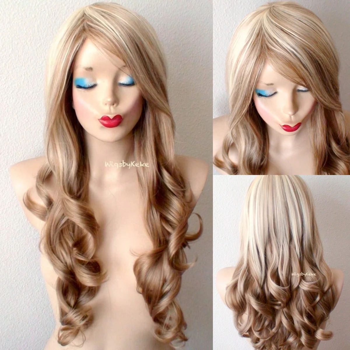 

Blonde Ombre Wig. Blonde/Carmel Curly Hair Side Bangs Wig. Heat Friendly Synthetic Hair Wig.