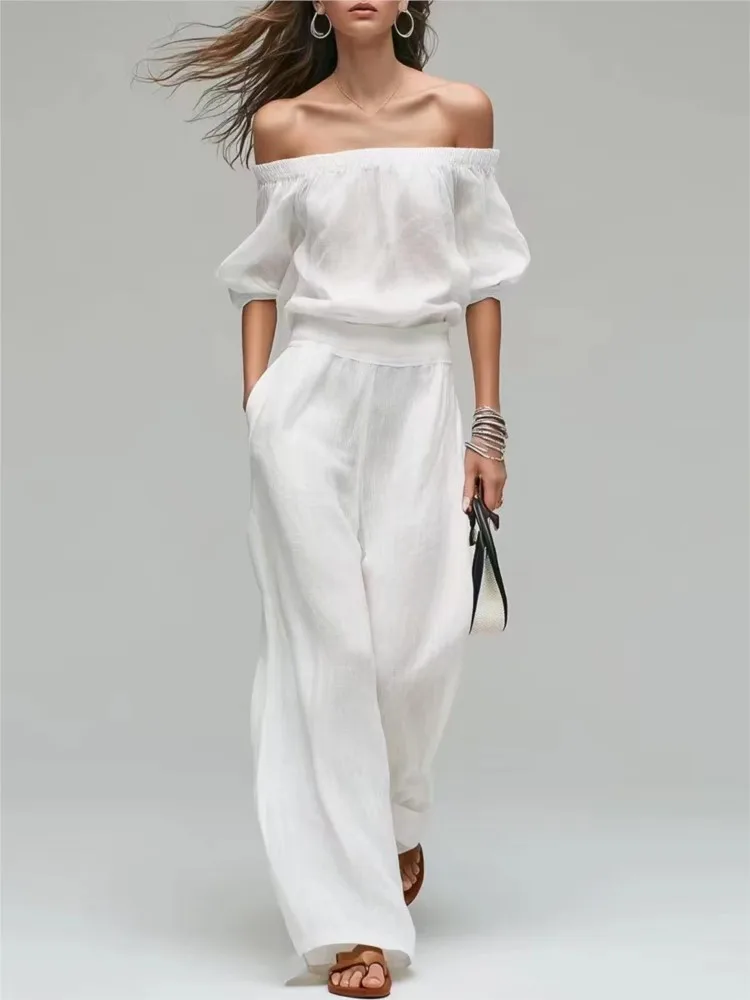 Summer New One-shoulder Waist Top + Wide-leg Pants Set Elegant And Fashionable Solid Color Casual Holiday Party 2-piece Set - view 4