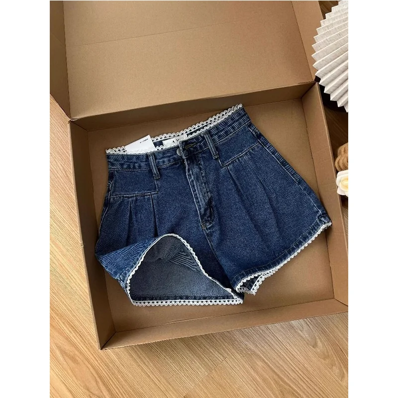 2025年夏の新トレンド、セクシーなレースパッチワークハイウエストワイドレッグパンツ、女性用オールマッチファッショナブルなボタンジッパージーンズ