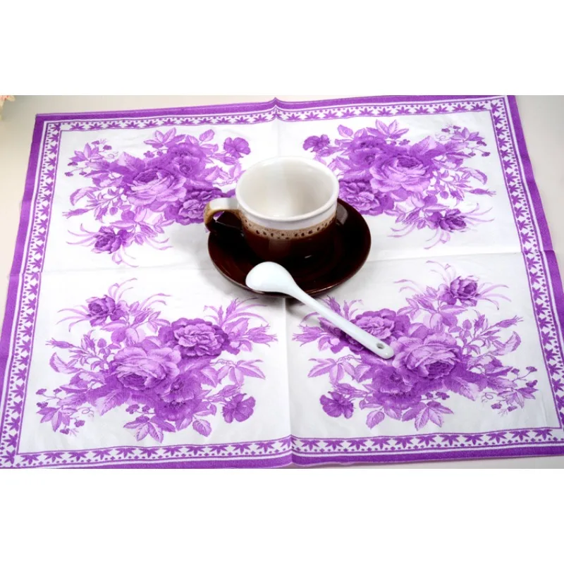 Flower Arrangement Paper Guardanapo, Flower Arrangement Paper, Roxo, clássico, lindo, colorido, impresso, casamento, Placemat, copo de vinho, 10 pcs, 20pcs por pacote