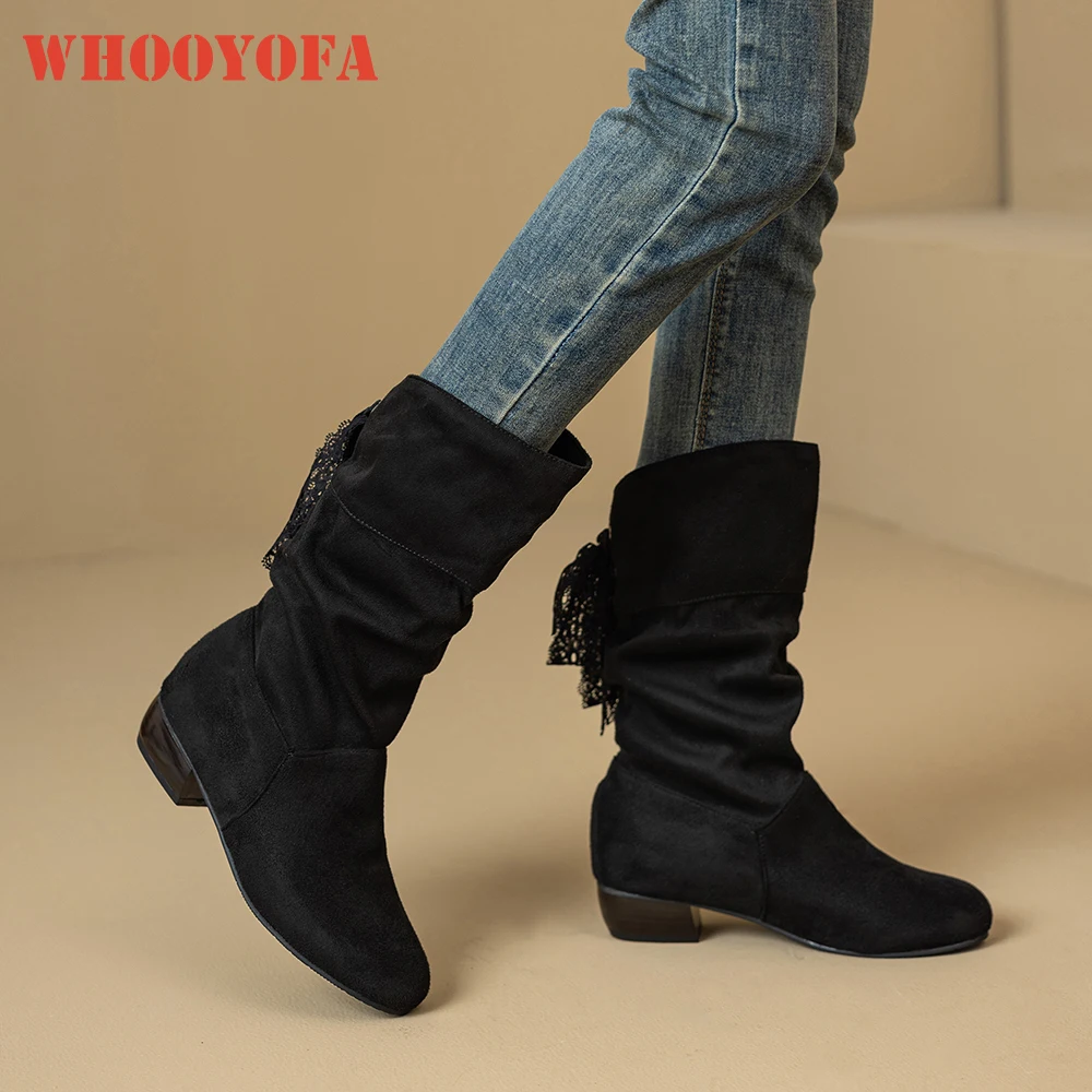 

2026 Весенние новые черные, красные женские ботинки до середины икры с напуском, женские туфли телесного цвета на среднем каблуке 3,5 см, большие размеры 10, 41 45 47