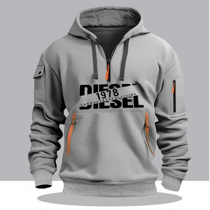 Men Casual Hooded Collar Drawstring Hoodies Sweatshirts Long Sleeve Shirts Outdoor Streetwear Lightweight Zipper Design Pullover